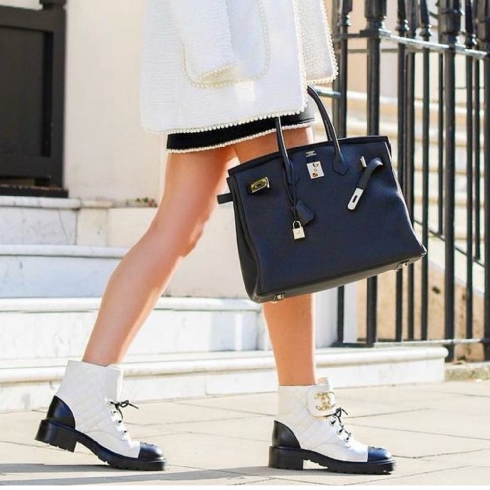 Chanel Shiny Goat Skin Interlocking CC Logo Combat Boots Size 39 - Picture 2 of 14